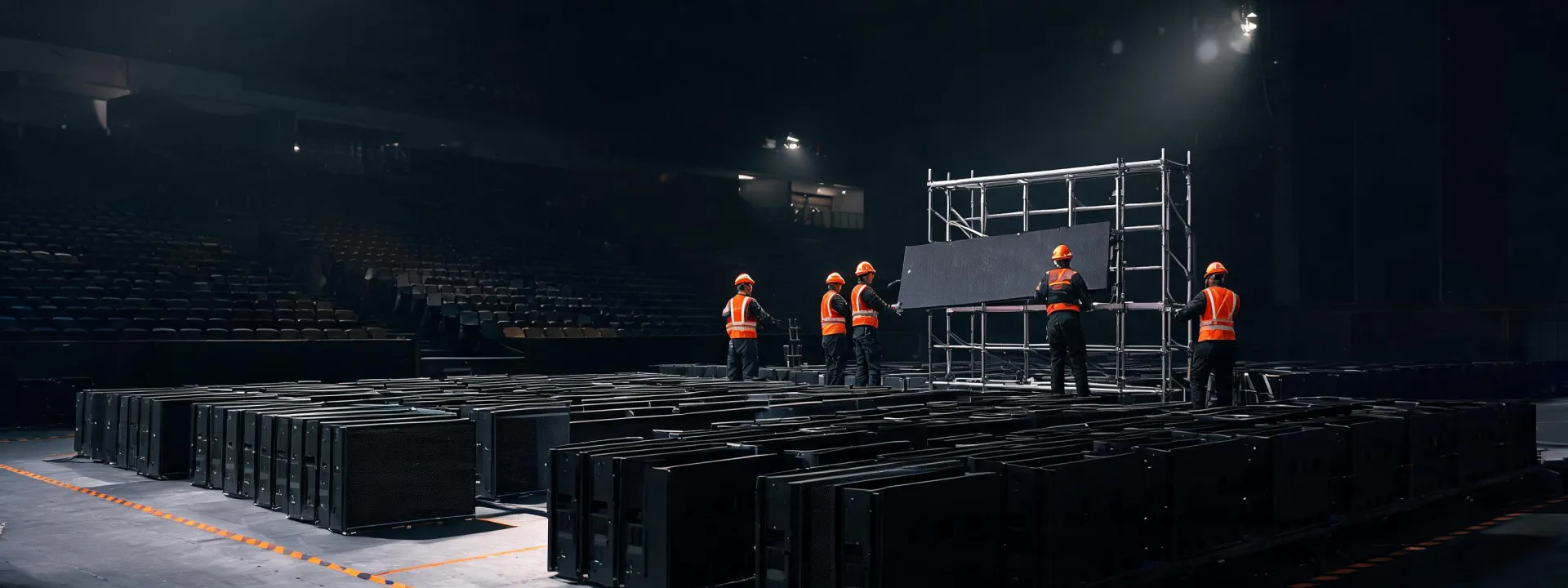 LED display installation crew preparing venue wall