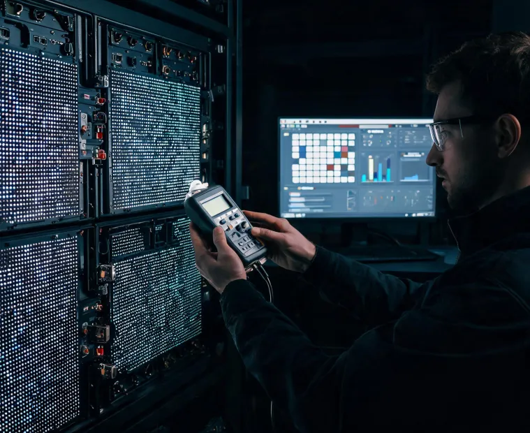 LED display technician calibrating cabinet modules