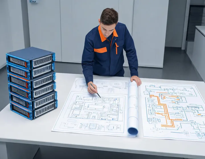 LED display service engineer reviewing control room plans